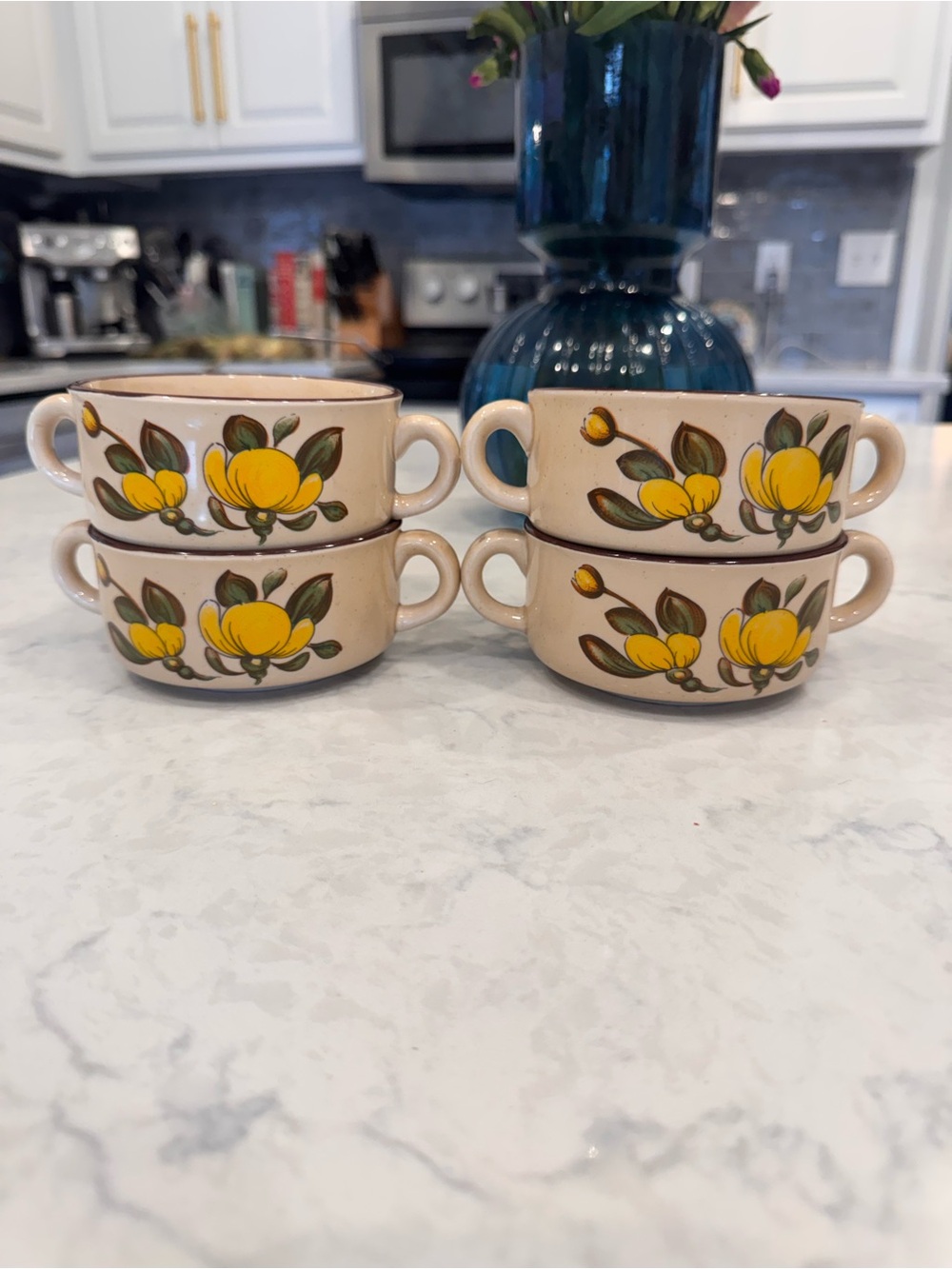 Vintage 70s Stoneware Double Handle Soup Bowls Yellow Floral Set of 4